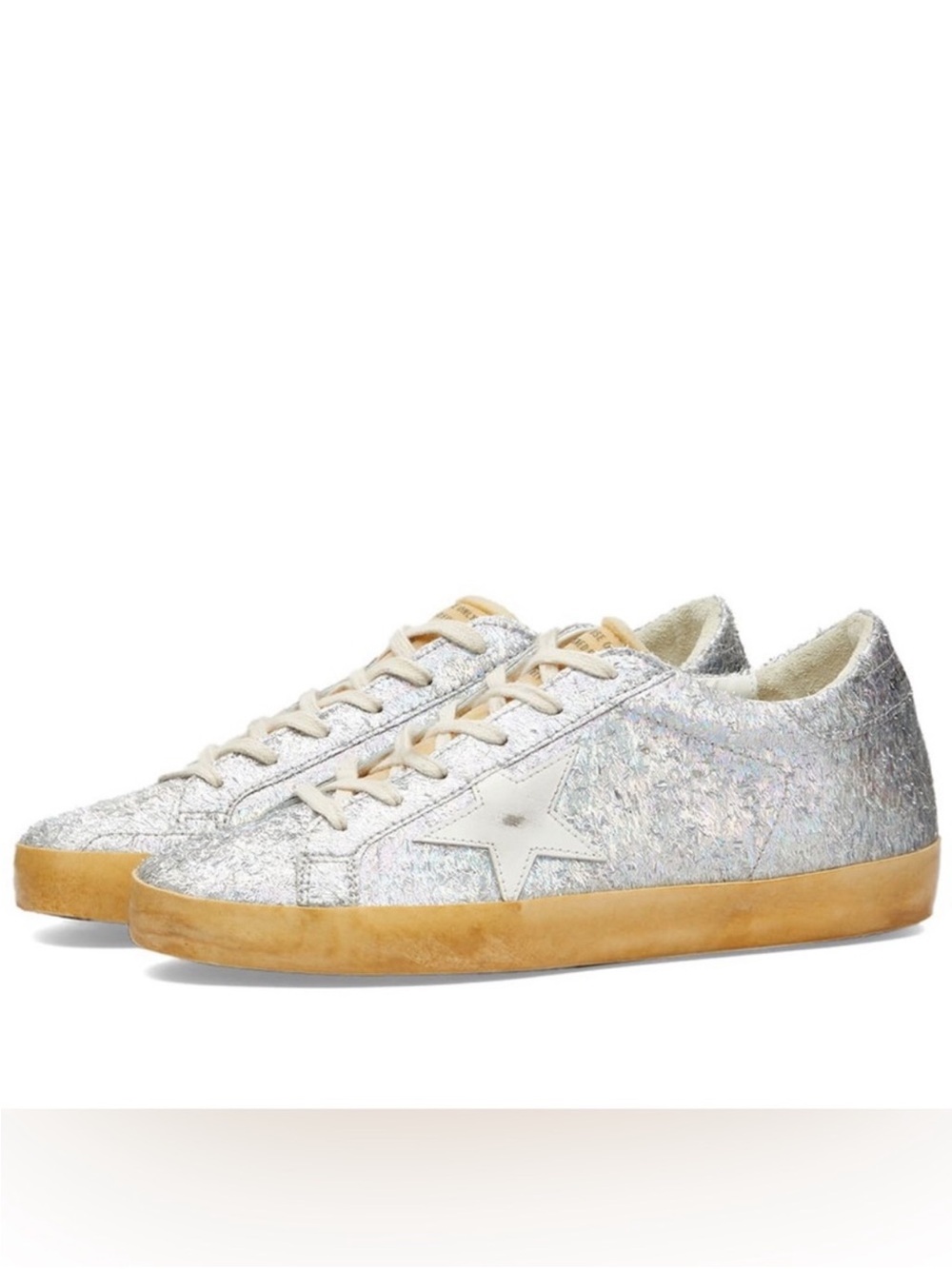 Golden Goose Silver Iridescent Low-Top Sneakers with Tan Suede Sole 10
